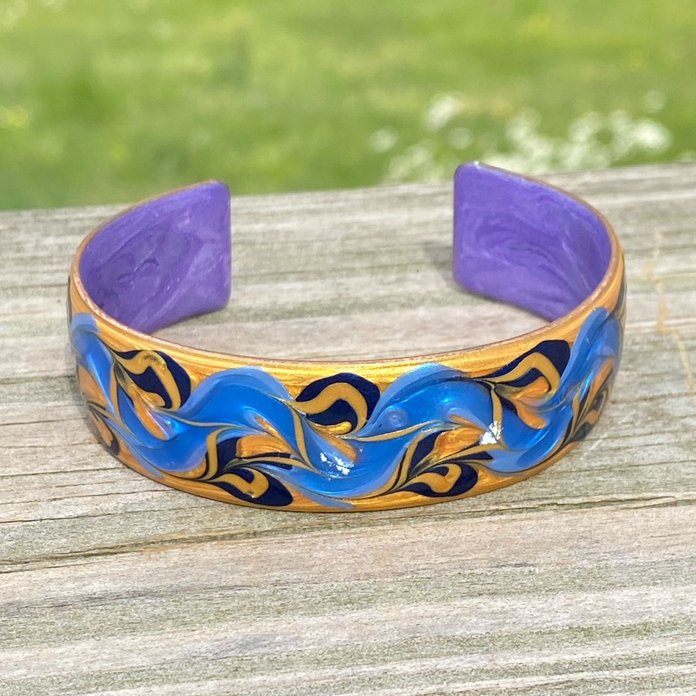 Artisan hand painted cuff bracelet blue gold purple